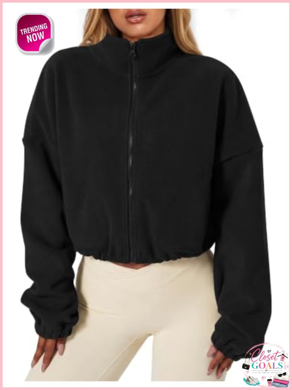 Cropped Fleece Jacket Full Zip Stand Collar Sherpa Coat